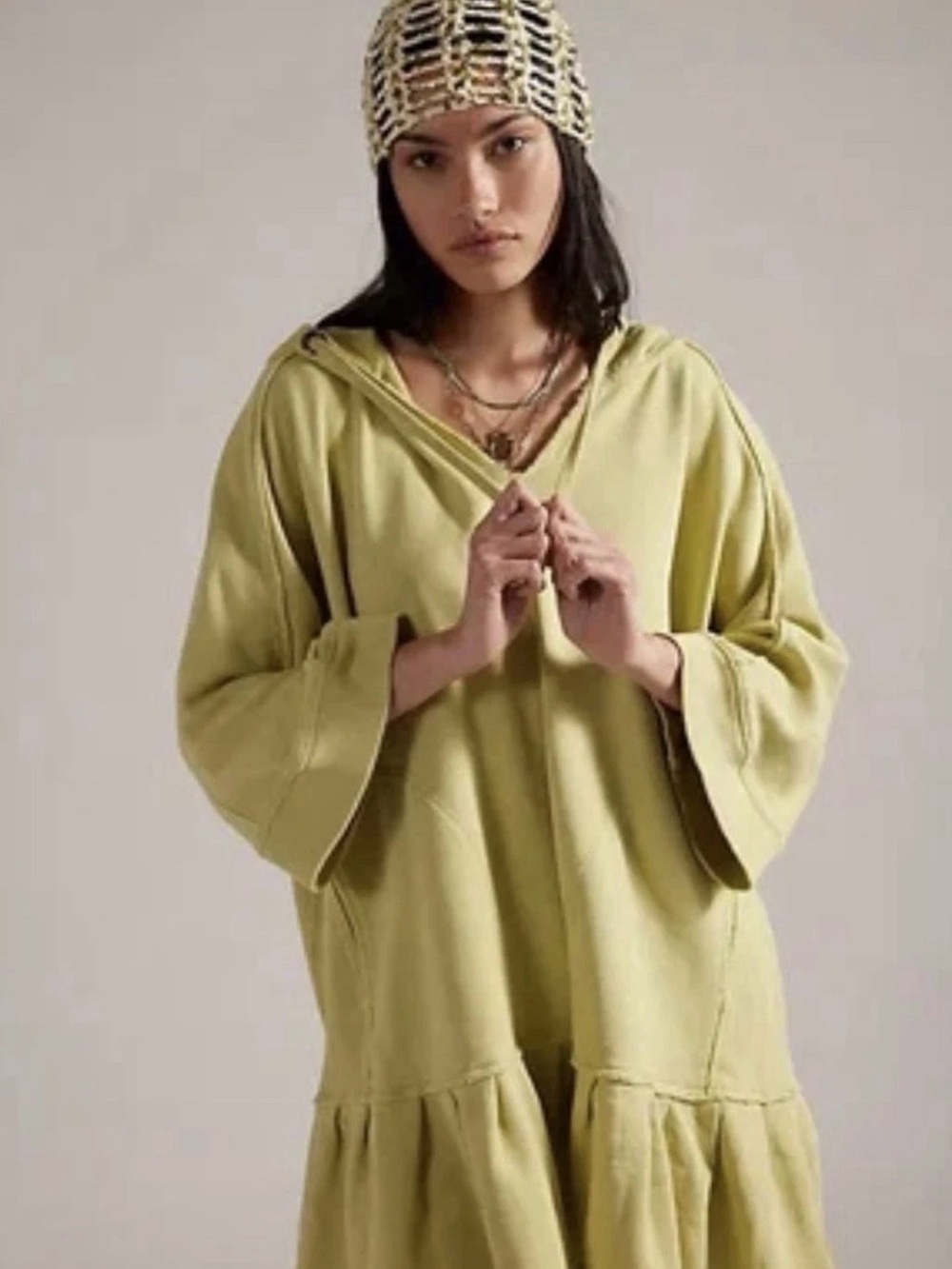 Free People Lilly Tunic Sweatshirt Hood We The Free Ruffle Light Green
